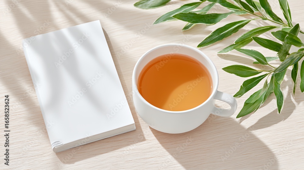 Poster white mug with tea in it sits on a table next to a blank notebook.