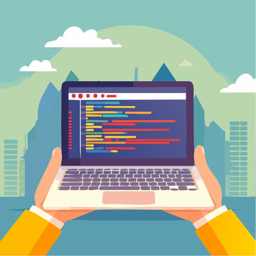 Modaya uygun Yarım Ton Kolaj Programlama ve kodlama konsepti. Ekranda ve elde kod bulunan diz&uuml;st&uuml; bilgisayar. Yazılım geliştirme. Web sitesi kodlama s&uuml;reci. &Ccedil;ağdaş vekt&ouml;r ill&uuml;strasyon sanatı.
