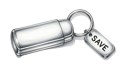 Glossy metallic container keychain with a 'save' label on a dark backdrop