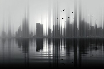 Monochromatic cityscape reflected in calm water, birds in flight, blurred motion effect