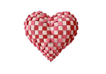 A three-dimensional heart shape composed of interlocking, textured, red and white squares