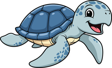 Smiling cartoon sea turtle swimming underwater, cute ocean animal character, happy marine wildlife illustration for kids, vector clip art