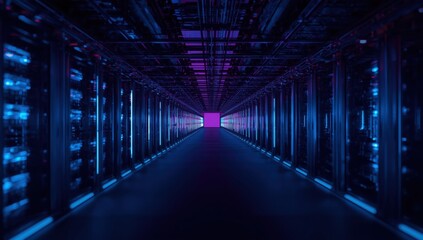 Fototapeta premium A long dark hallway with blue and purple lights leading to a bright purple light at the end of it