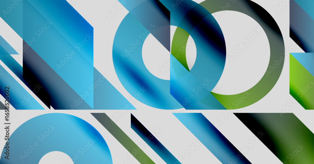 Poster abstract geometric composition. overlapping circles, rectangles create dynamic visual effect. blue, 