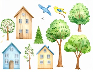 Ağaçlar, evler ve kuş seti, sulu boya dokusu
