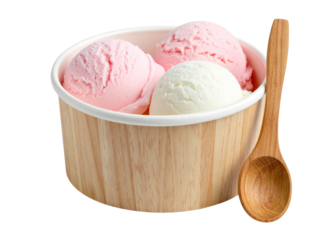 Ice Cream Tub with Three Scoops and Wooden Spoon, Front View, Transparent PNG 