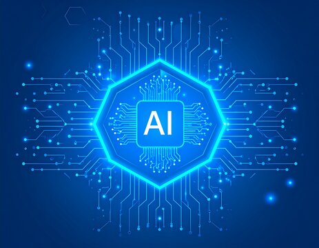 Devre kartı teknolojisi arka planında altıgen neon ışıklı HUD &ccedil;er&ccedil;evesindeki dijital yapay zeka kuantum &ccedil;ipi. F&uuml;t&uuml;ristik yapay zeka yarı iletken konsepti. Yıldırımlı soyut yapay
