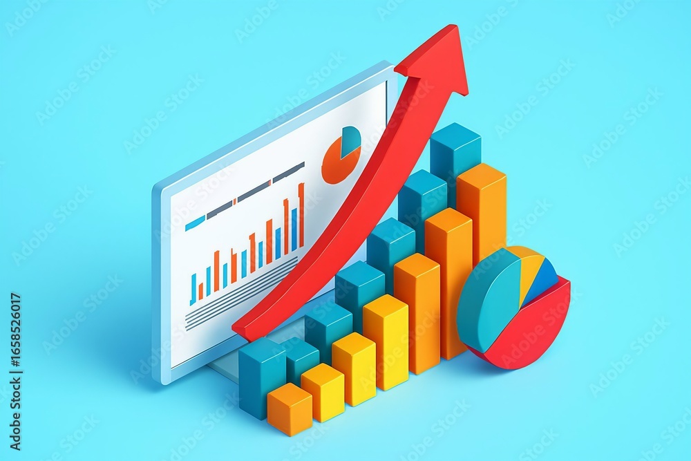 Poster 3d isometric representation of a growing business chart with rising arrow and pie chart