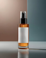 Fototapeta premium Clear glass cosmetic pump bottle with amber liquid and blank label on a minimalist background
