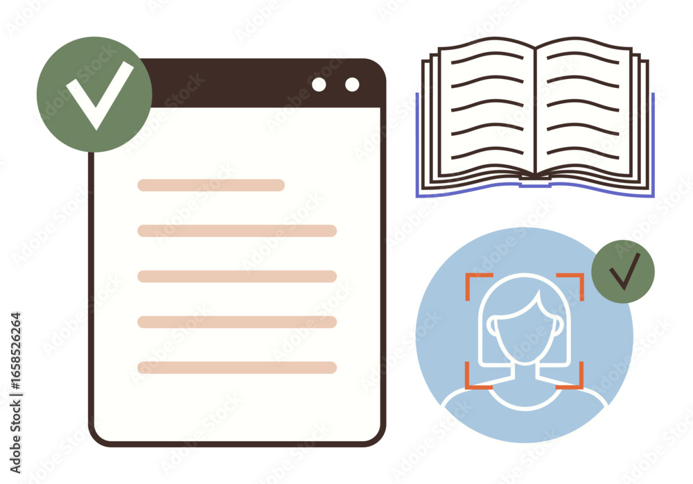 Poster browser window with checkmark, open book, and user profile with facial recognition. ideal for identi