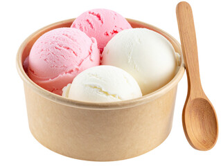Ice Cream Tub with Three Scoops and Wooden Spoon, Front View, Transparent PNG