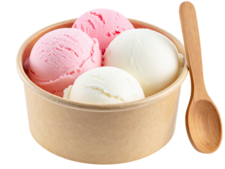 Ice Cream Tub with Three Scoops and Wooden Spoon, Front View, Transparent PNG