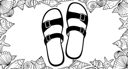 Sandal Clip Art,Summer Beach Coloring Page with Shell and Starfish