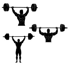 Muscular figure lifting  barbell overhead Silhouette, Black and White Vector Illustration 