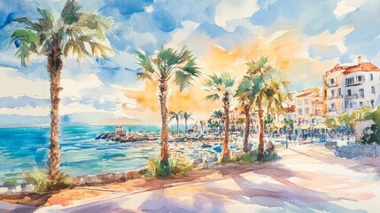 plaza in front of the beautiful sea, golden hour, made with watercolor generative ai