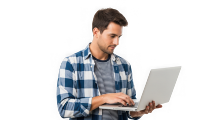Young man in plaid shirt typing on laptop computer looking down focused on screen transparent background