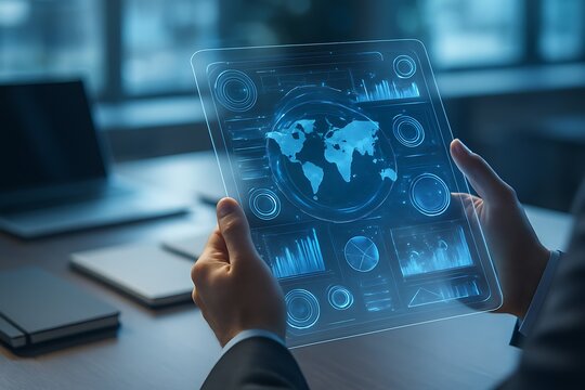 Businessman holding futuristic transparent digital tablet with world map and analytics holographic interface in modern workspace symbolizing innovation and global technology