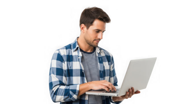 Young man in plaid shirt typing on laptop computer looking down focused on screen transparent background