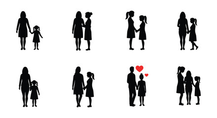 Silhouette of mother and daughter in various loving and affectionate poses together always
