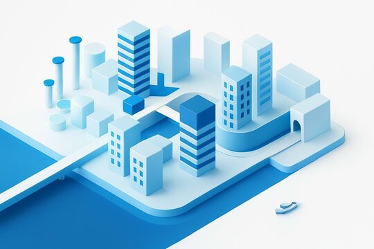 Modern isometric cityscape with tall buildings and water features