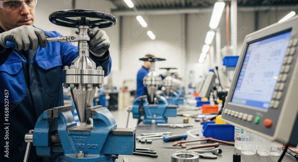 Poster Workflow showcasing the final assembly and functional testing of a multiturn stop valve stem as part of a comprehensive industrial valve rebuild.