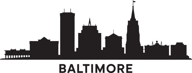 Obraz premium Baltimore Skyline Silhouette Vector Illustration with City Name Below on Transparent Backdrop