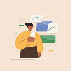 Minimal flat design vector of female character using mobile phone for photo editing