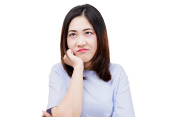 A woman with a thoughtful expression rests her chin on her hand, displaying a mix of contemplation and mild annoyance.