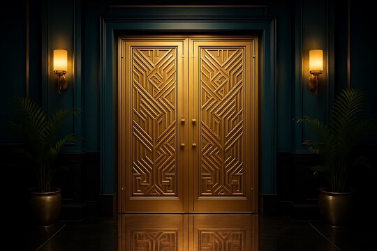 Luxurious golden art deco double doors with geometric patterns in elegant entrance illuminated by warm wall sconces and decorated with potted plants