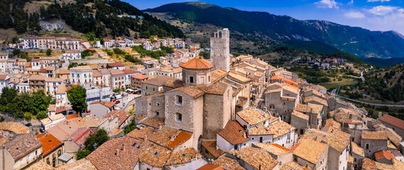 Abruzzo tourism, Italy . The most beautiful italian villages (borgo) Castel del Monte - Located in Gran Sasso mountain range. aerial drone panoramic view of picturesque postcard hilltop town