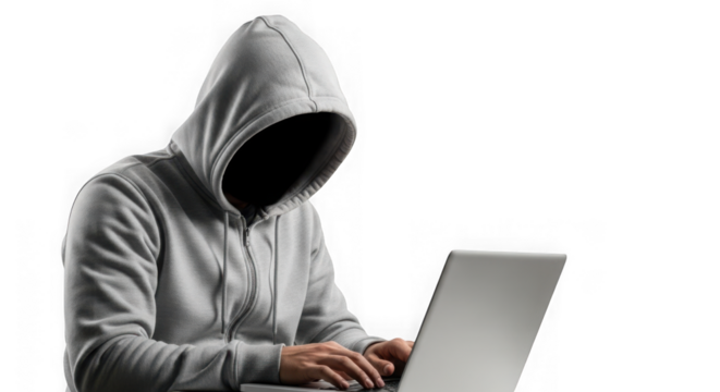 Mysterious hacker in hoodie typing on laptop cybercrime and digital security concept transparent background