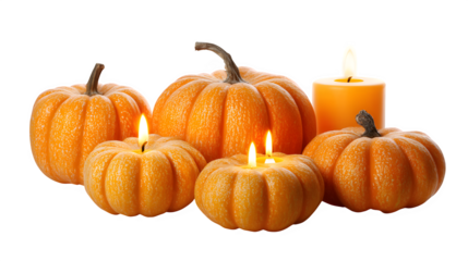 Warm glow of autumn pumpkins and flickering candles create a cozy, festive atmosphere for seasonal celebrations  isolated on white background