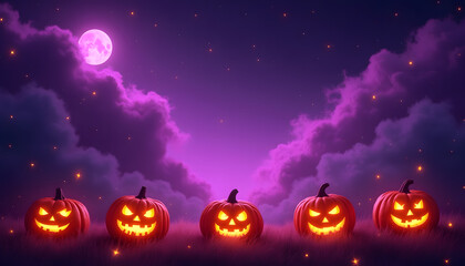 Spooky Halloween Night with Glowing Jack-o'-lanterns and Moonlight