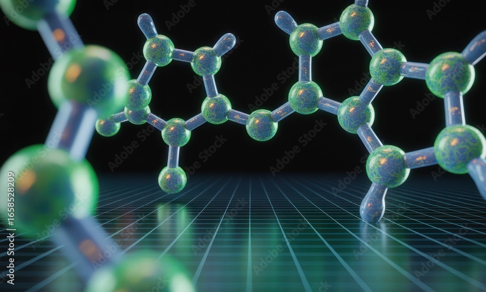 Poster rendered molecule model with connected spheres against grid background
