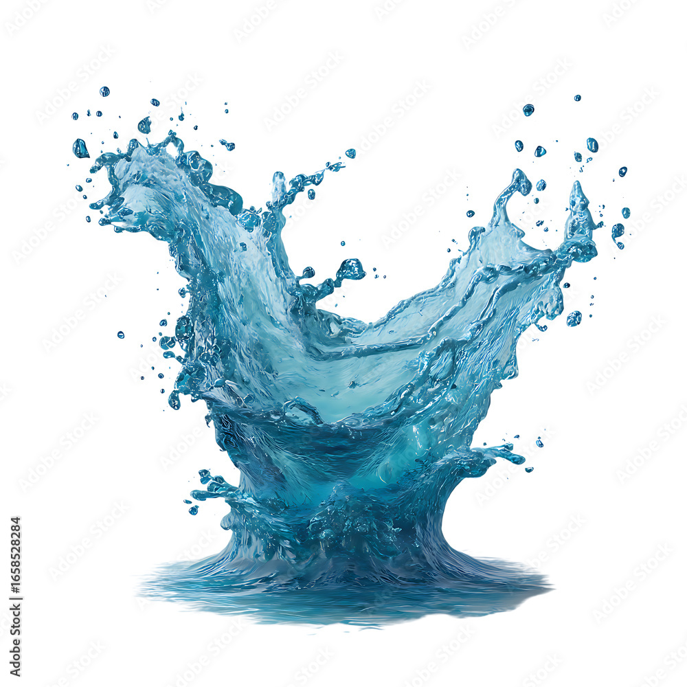Poster dynamic blue water splash frozen in motion with droplets and waves isolated on transparent backgroun