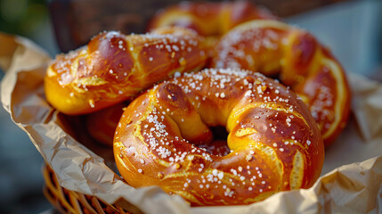 Soft pretzel sprinkled with salt, golden-brown, served with mustard in a paper tray on a city street bench.