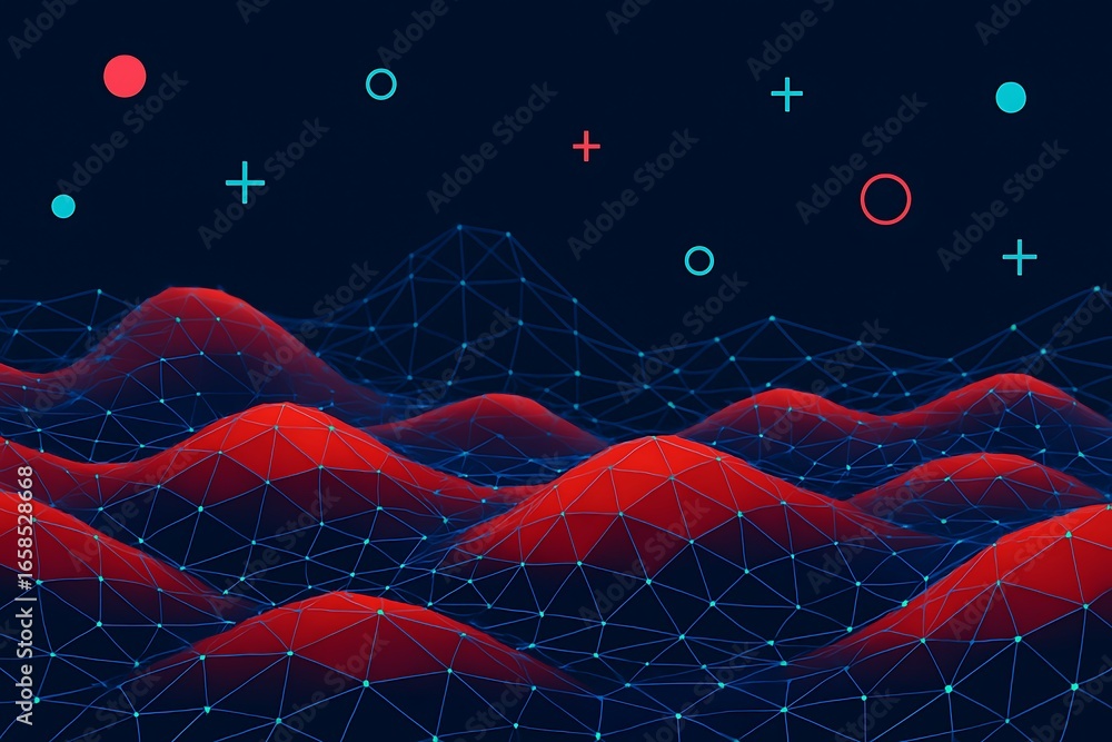 Poster futuristic polygonal red and blue digital landscape with abstract geometric shapes floating in dark 
