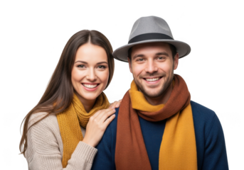 Happy couple wearing scarves isolated on transparent background