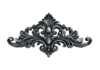 Ornate, dark gray, decorative embellishment, symmetrical design, with flowing, detailed scrolls