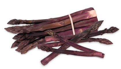 purple asparagus stalks tied with rubber band on a transparent background