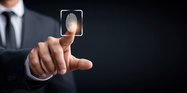 Fintech Security: Hand Over Glowing Fingerprint Icon - Biometric Authentication Concept with Copy Space for Technology Business