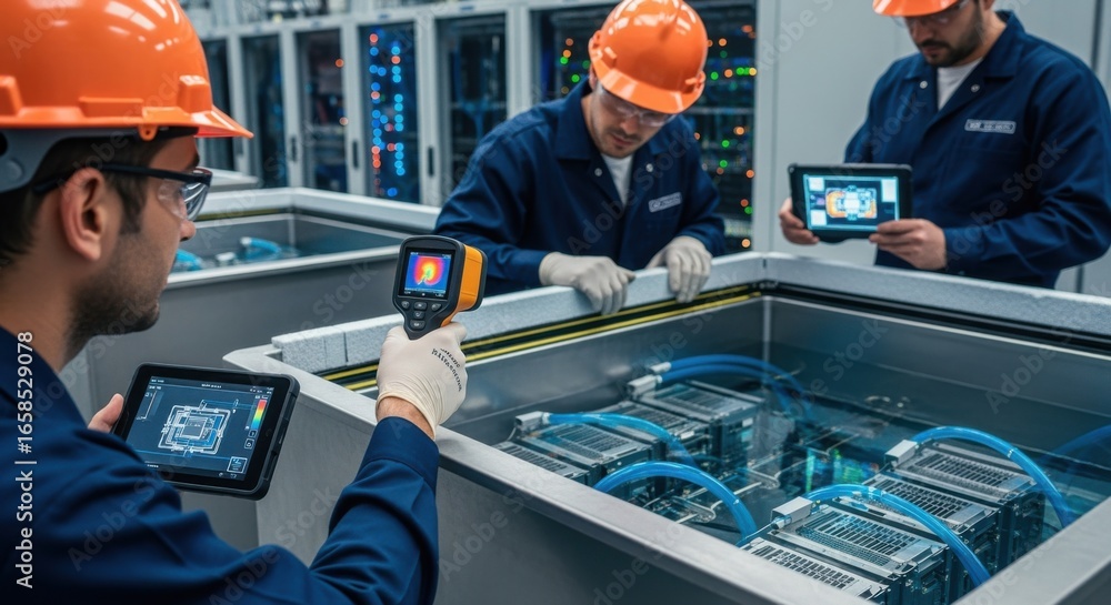Poster workers inspecting the seal and insulation around an immersion cooling tank ensuring safety and effi