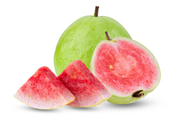 whole and sliced pink guava on transparent background