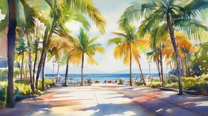 Fototapeta premium path to the beach surrounded by large palm trees, made with watercolors generative ai