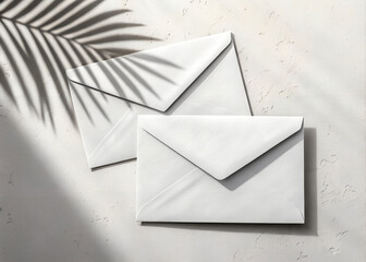 Two white envelopes casting shadows on a textured surface with palm leaf shadow overlay