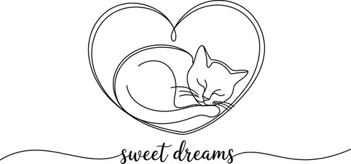 Cute sleeping fox curled up inside a decorative heart with sweet dreams text
