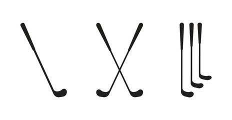 golf club icon set, single, crossed, and grouped silhouettes