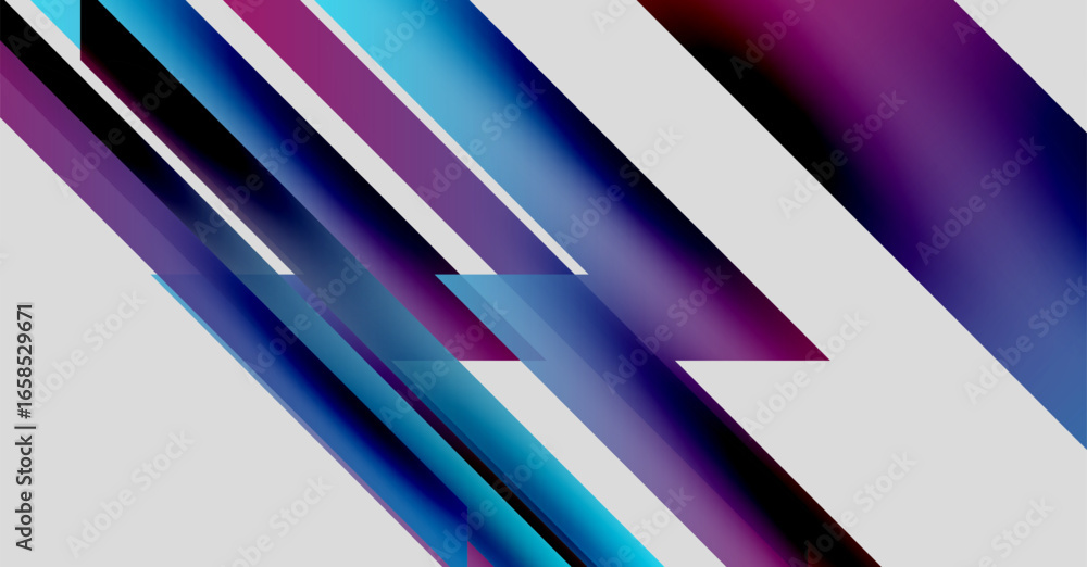 Poster abstract design features diagonal stripes. colors blendblues, purples, whitescreating dynamic visual