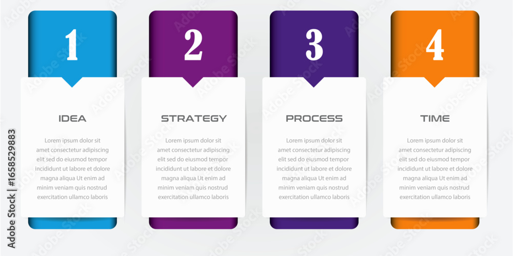 Aufkleber concept of business model with 4 successive steps - 4 colorful graphic elements - timeline design fo