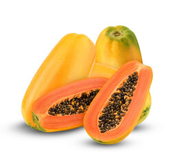 fresh halved and whole papayas displaying orange flesh